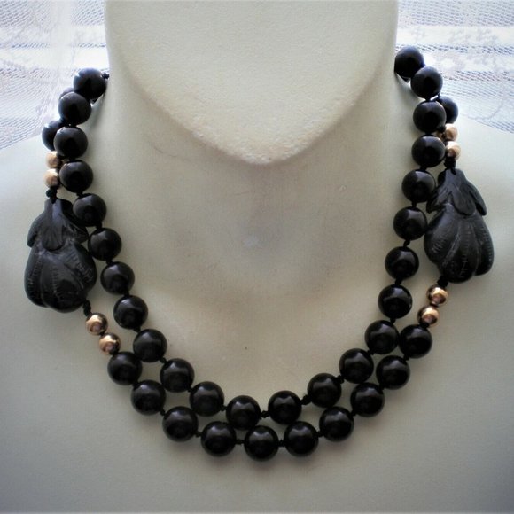 Vintage Deco Carved Black Onyx Beads Beaded Opera Length 37" NECKLACE - Picture 1 of 3